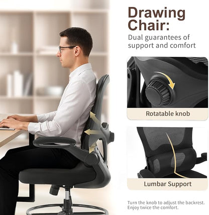 Karl home Ergonomic Drafting Chair, Black | Lumbar Support, Flip-Up Armrests, Adjustable Height Footrest Ring, Breathable Mesh, Tall Swivel