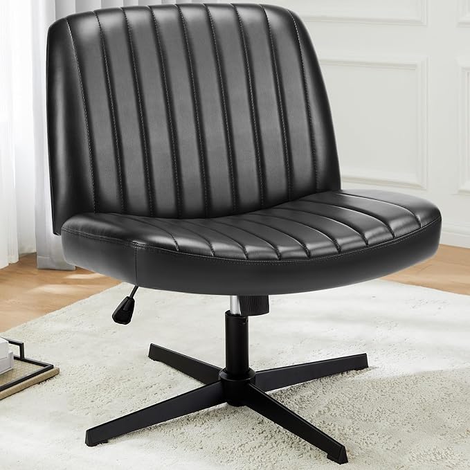 DUMOS Criss Cross Chair No Wheels, Wide Seat Cross Legged Office Desk Vanity Chair, Faux Leather Armless Height Adjustable Swivel Task Computer Chairs for Home, Study, Black PU