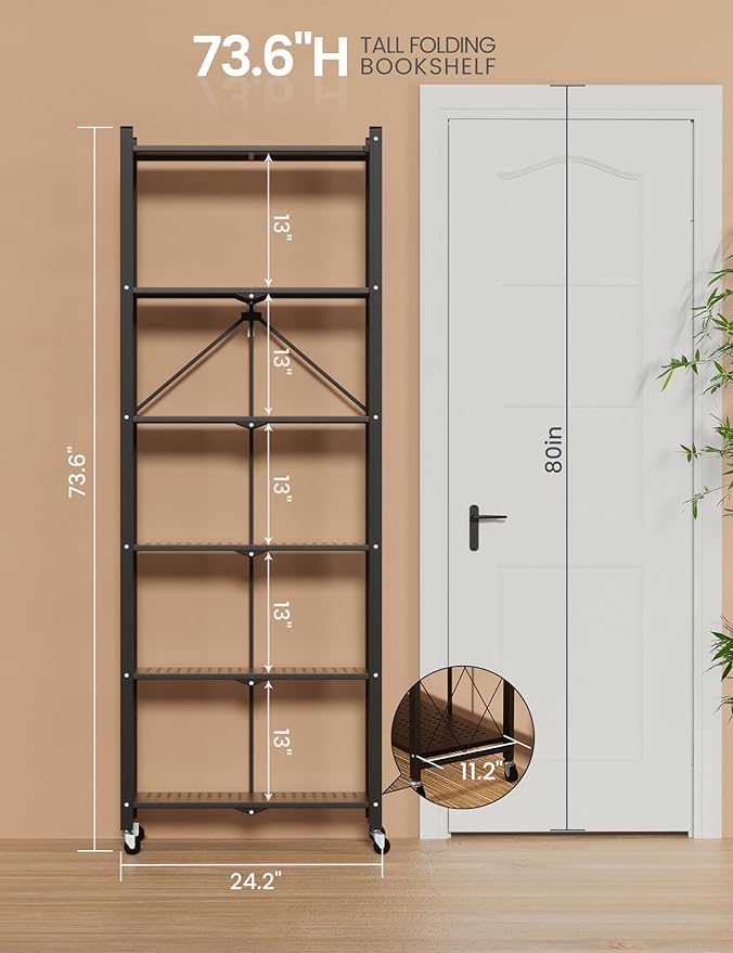 ALANNG 73.6 Inch Folding Bookshelf, 6 Tier Metal Bookcase and Bookshelves, Tall Shelves for Living Room Office Bedroom, Heavy Duty Book Shelve Free Standing Open (Black, 4PACK)