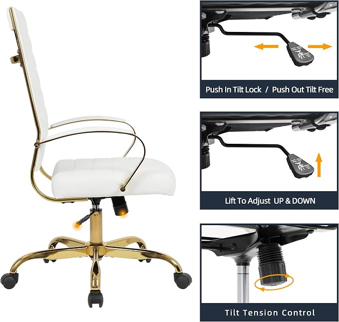 LANDSUN Home Office Chair High Back Executive Chair Ribbed PU Leather Computer Desk Chair with Armrests Soft Padded Adjustable Height Swivel Conference Gold Frame White
