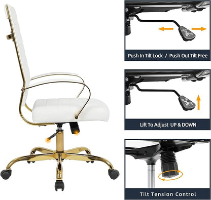LANDSUN Home Office Chair High Back Executive Chair Ribbed PU Leather Computer Desk Chair with Armrests Soft Padded Adjustable Height Swivel Conference Gold Frame White