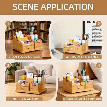 Bamboo Desk Organizer with Drawer, Pen Holder & Business Card Slot, Multi-Compartment Storage Caddy for Office & Home Office, Ideal for Pens, Sticky Notes, Clips, (Bamboo natural)