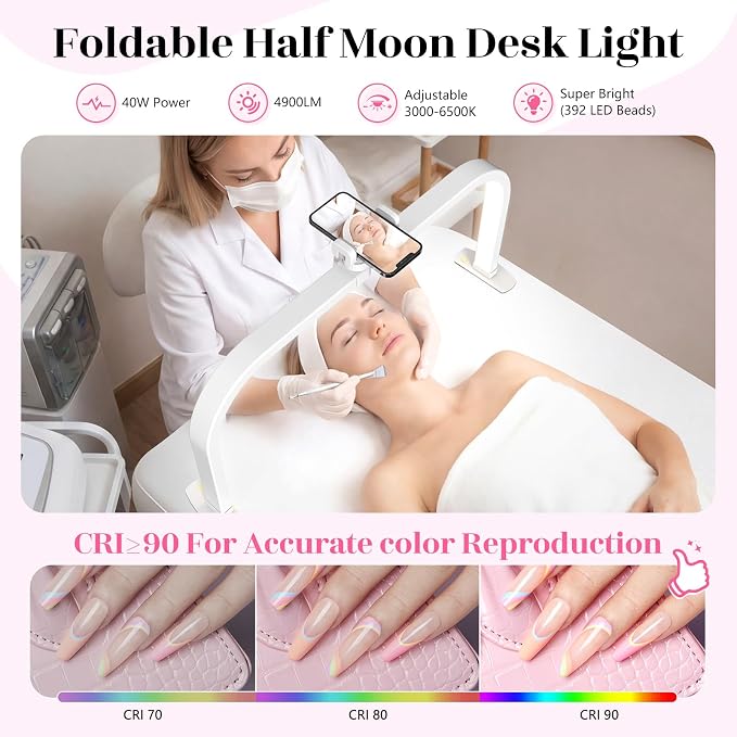 LIONVISON Half Moon Light for Nail Desk: 29" Larger Arch Nail Light for Nail Tech - Foldable Half Moon Nails Desk Lamp with Phone Holder for Home Salon - 3 Color Modes & 10 Brightness for Beginner