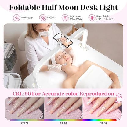 LIONVISON Half Moon Light for Nail Desk: 29" Larger Arch Nail Light for Nail Tech - Foldable Half Moon Nails Desk Lamp with Phone Holder for Home Salon - 3 Color Modes & 10 Brightness for Beginner