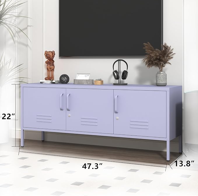 Purple TV Media Stand for 100" TV, 3 Door Metal Accent Cabinet with Removable Shelves, Steel Storage Locker for Living Room Bedroom, Lockable Door, 22" H X 47.3" W X 13.8" D