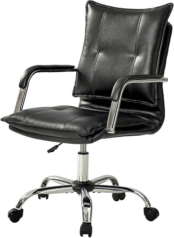 HULALA HOME Faux Leather Home Office Desk Chair, Adjustable Swivel Computer Chair with Sliver Legs and Arms, Comfy Upholstered Task Chair(Black)