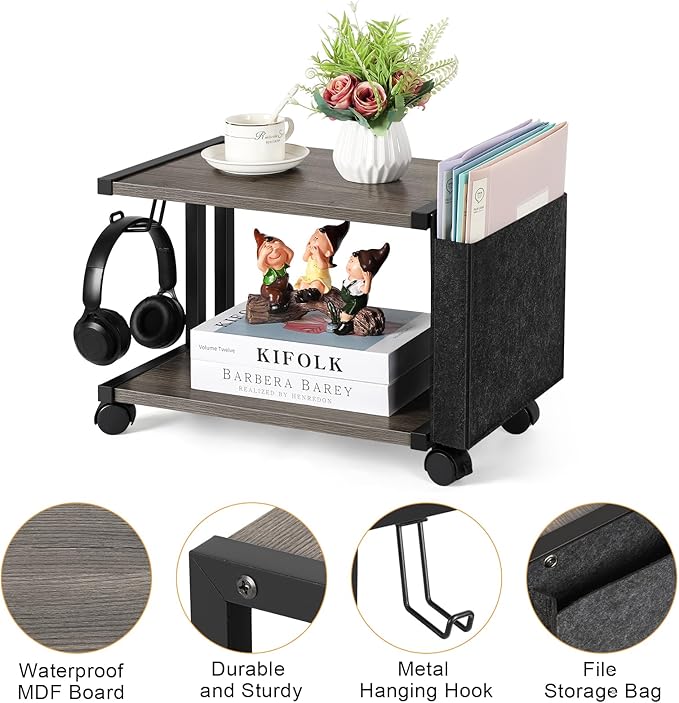 BTY Printer Stand Under Desk Printer Table with Storage Small Printer Cart with Wheels 2 Tier Desktop Printer Stands for Home Office Fax Machine Scanner Files (Grey)