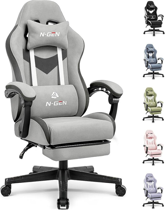 N-GEN GAMING Gaming Chair Video Game Computer Office Desk Use Ergonomic Reclining Backrest Adjustable Armrests Lumbar Support Footrest High Density Foam Breathable Fabric Heavy Duty Base (Grey)