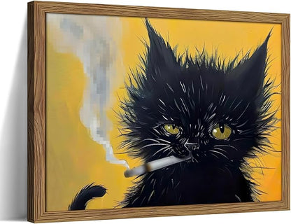 Vintage Black Cat Wall Art, Black Cat Painting Portrait Wall Decor, Mens Room Canvas Print Poster, Cool Animals Picture Art for Bathroom Decor 12x16 inch Wood Framed