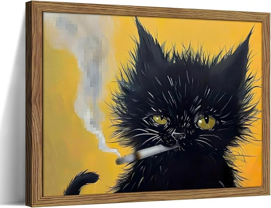 Vintage Black Cat Wall Art, Black Cat Painting Portrait Wall Decor, Mens Room Canvas Print Poster, Cool Animals Picture Art for Bathroom Decor 12x16 inch Wood Framed