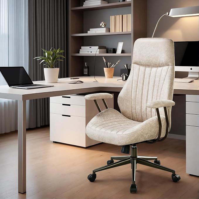 Home Office Chair,Ergonomic Computer Chair with Lumbar Support Adjustable Height,Mid-Century Modern Office Chair with Rolling Swivel Chair for Home Office Game Study(PU Leather High Back Chair,Beige)