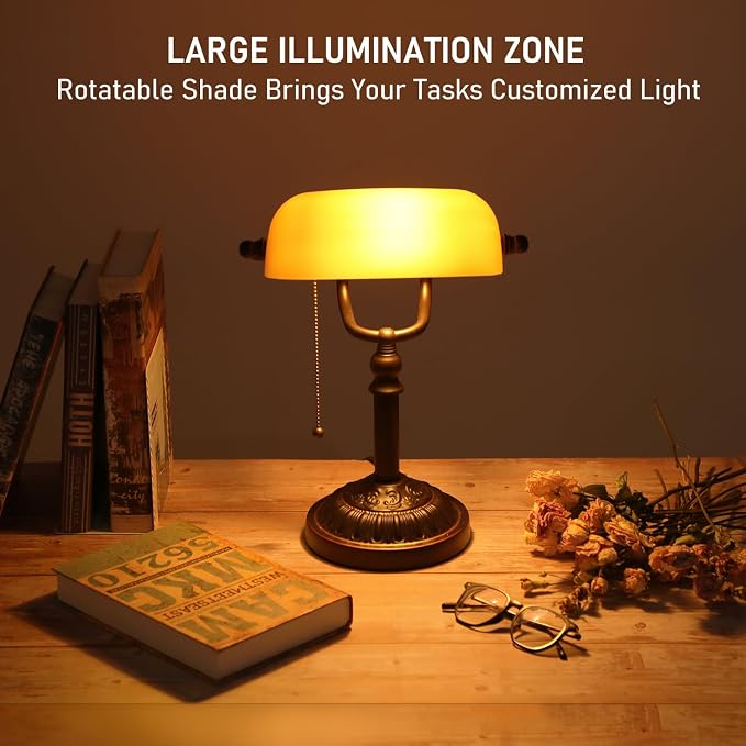 TORCHSTAR Amber Glass Bankers Desk Lamp with Pull Chain, E26 Base | Retro Weighted Base, Antique Traditional Library Lamp for Office Study Room, Bulbs not Included