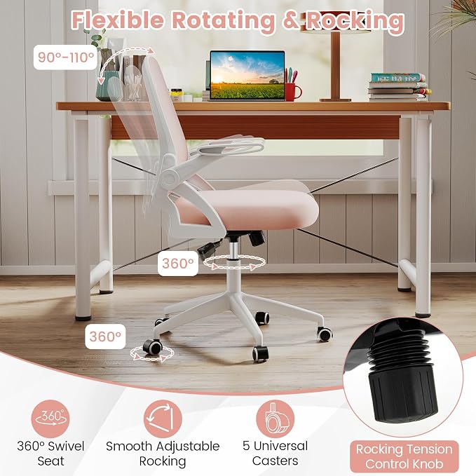 COSTWAY Office Chair, Comfy Swivel Rolling Desk Chair with Adjustable Height & Flip-Up Armrests, Ergonomic Mesh Computer Chairs with Lumbar Support for Working & Gaming, Pink