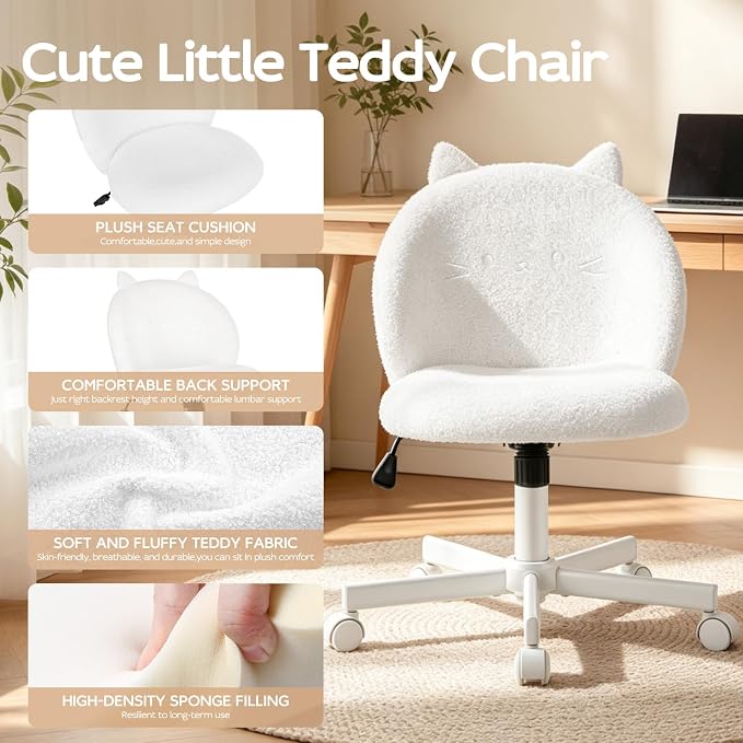 Vanity Chair with Cat Back,Armless Desk Chair Cute Small Office Chair,Teddy Fabric Computer Chair with Adjustable Height,120°Tilting,Rolling,Swivel for Vanity,Kids Room,Office,Bedroom White