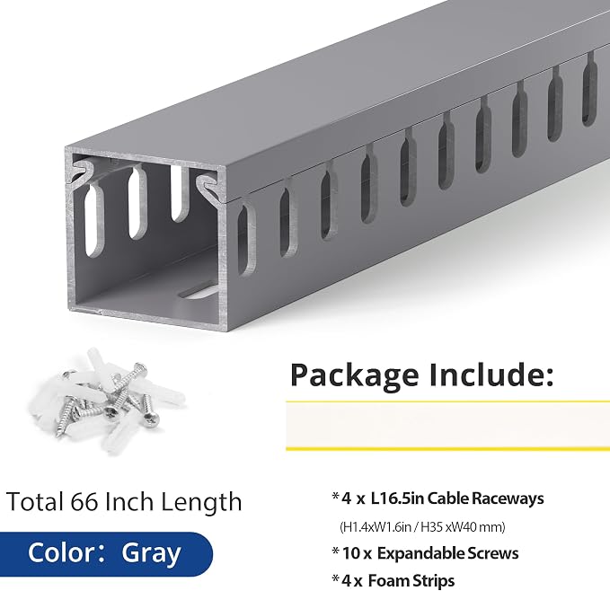 ZhiYo H1.4 W1.6 in Server Rack Cable Management Raceway, 66in (4X L16.5in) Cable Raceway Kit, Electrically Safe PVC Open Slot Wire Cord Hider for Under Desk/Computer/Network Cords, Gray