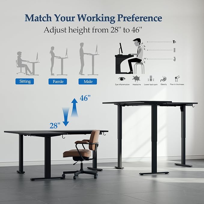 Klicelor L Shaped Standing Desk 75 x 61 Inch, Electric Height Adjustable Corner Desk for Home Office Workstation, Ergonomic Sit Stand Computer Table with Memory Controller, Black