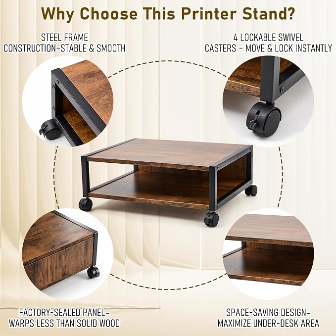 Zonon 2 Tier Printer Stand Under Desk with Lockable Wheels 19.7x15.7x7.9 Inch Rolling Printer Table Cart Under Desk Short Movable Storage Shelf for Home Office Organization (Open Shelf Style,Brown)