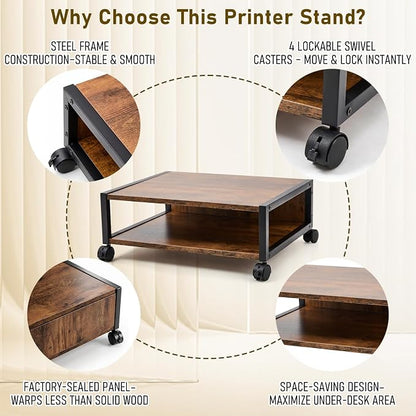Zonon 2 Tier Printer Stand Under Desk with Lockable Wheels 19.7x15.7x7.9 Inch Rolling Printer Table Cart Under Desk Short Movable Storage Shelf for Home Office Organization (Open Shelf Style,Brown)