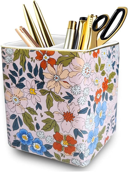 Pen Holder for Desk, Ceramic Pencil Cup, Stylish Abstract Terrazzo Marble Stone Print Organizer Makeup Brush Holders for Home Office (Flower)