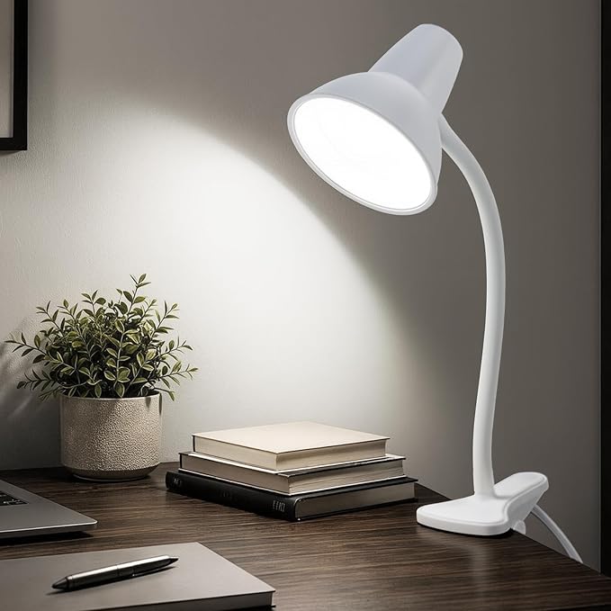 Clip On Led Desk Lamp, Flexible Gooseneck, Eye-Caring 4.5W Energy-Saving Study Lamps, Anti-tip Bedside Reading Light, Desk Lamps for College Dorm Room, Home Office, Modern Lamp with 1.6m Cord, White