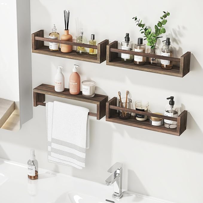 Fixwal Floating Book Shelves for Wall, 16.5 Inch Nursery Book Shelves for Kids Rooms, Shelves for Kids Room Set of 4, Solid Wood Wall Mounted Shelves for Books and Toys Storage (Brown)
