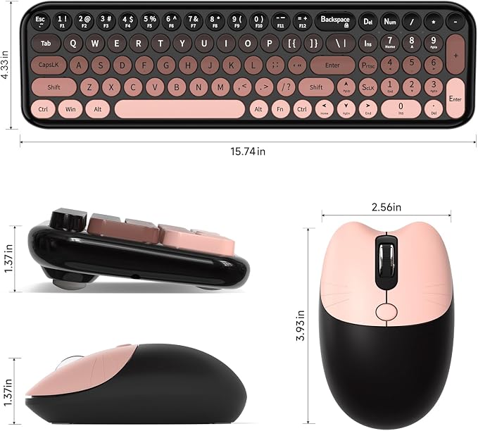 Wireless Keyboard and Mouse Combo, Meidosa 2.4GHz Colorful Full-Size Retro Typewriter Keyboard with Cat Shape 3 Level Adjustable Optical Mouse for PC/Desktop/Laptop/Windows (Black Berry)