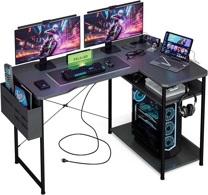 Acrolix L Shaped Gaming Desk 48 Inch - Computer Corner Desk with Power Outlets, Reversible Shelves & Storage Bag for Home Office, PC Gaming Table, Black Carbon