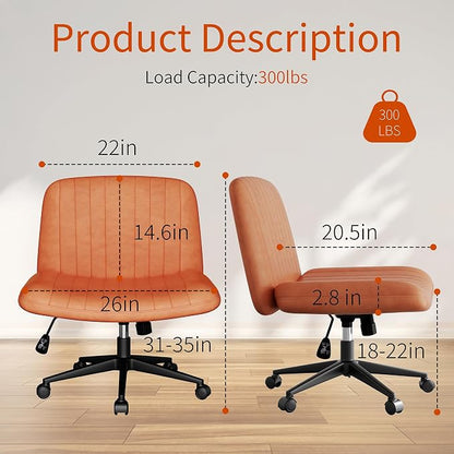 Criss Cross Chair with Wheels, Cross Legged Office Chair, Armless Office Chairs Adjustable Height Swivel Tilting Vanity Chairs for Home Bedroom (PU Leather, Orange)