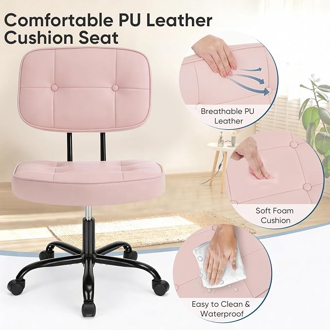 DUMOS Home Office Desk Chair - Ergonomic Armless PU Leather Computer Rolling Task Chair，with Comfy Lumbar Support and Height Adjustable, Vanity, Bedroom, Living Room, Pink