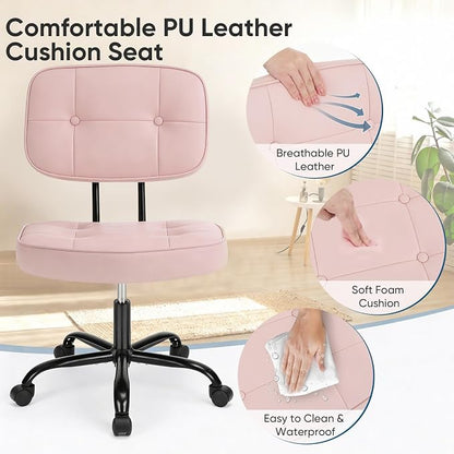 DUMOS Home Office Desk Chair - Ergonomic Armless PU Leather Computer Rolling Task Chair，with Comfy Lumbar Support and Height Adjustable, Vanity, Bedroom, Living Room, Pink