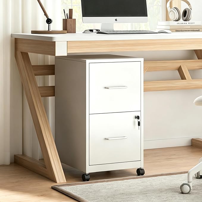 SAWJEC 2 Drawer Metal File Cabinet with Lock, White Mobile Filing Cabinet for Home Office, Assembly Required, Vertical Locking File Cabinet with Letter Size Hanging Files, 17.7" D x 15.0" W x 26.8" H