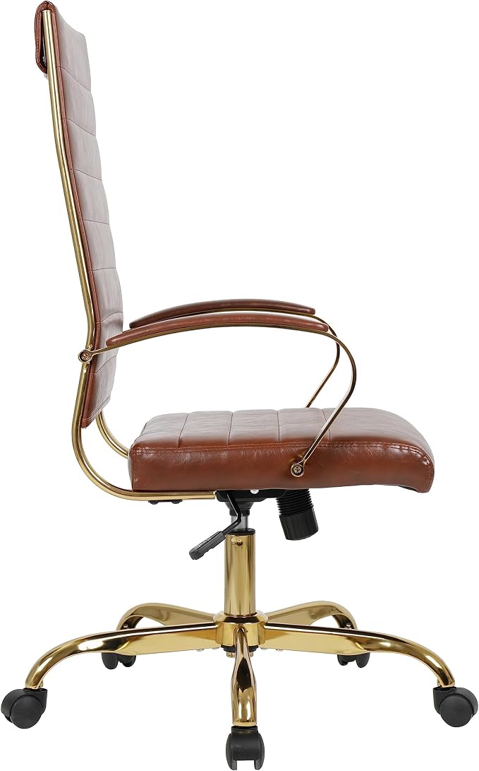 LeisureMod Modern High-Back Leather Office Chair - Swivel & Adjustable Executive Desk Chair with Gold Frame, Ergonomic Design for Home & Office (Brown, Single)