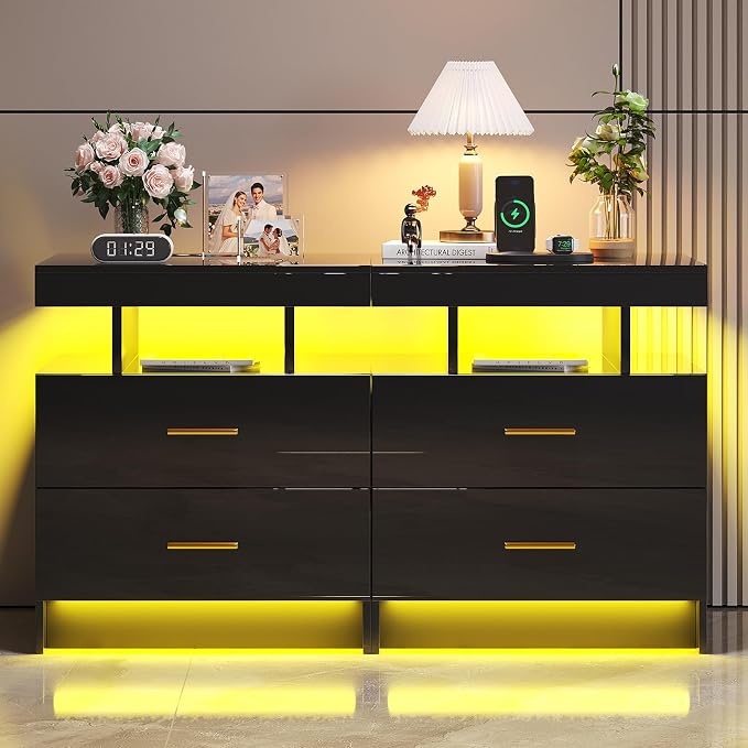 HNEBC Auto LED Nightstands Set of 2,Modern Bedside Table with USB Ports & Wireless Charging Station,High Gloss Bedside Tables with 2 Drawers,Nightstands for Bedrooms/Living Room/Office (Black)