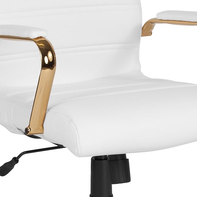 EMMA + OLIVER Faux Leather High-Back Swivel Home Office Desk Chair with Wheels, Padded Seat, and Armrests, Adjustable Height Multipurpose Office Chair, White/Gold