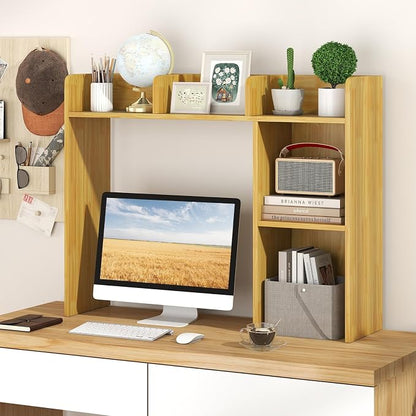GOFLAME 5 Shelves Desktop Bookshelf, Wood Desk Hutch Dorm for Computer Desk, Countertop Display Rack, 3-Tier Desk Storage Organizer Shelf for Dormitory, Home Office, Study, Burlywood
