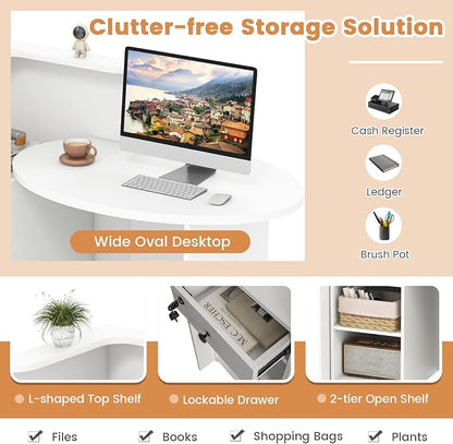 Tangkula Reception Desk, Front Counter Desk with Lockable Drawer & Adjustable Shelf, Oval Desktop, Retail Counter for Checkout, Computer Workstation for Salon Lobby Home Office
