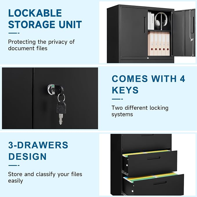 PEUKC 3-Drawer Metal File Cabinet, Lateral Vertical Filing Cabinets for Home Office, Locking File Cabinets with Storage Shelves, Legal/Letter/A4 Size Office File Cabinet (Black, Assemble Required)