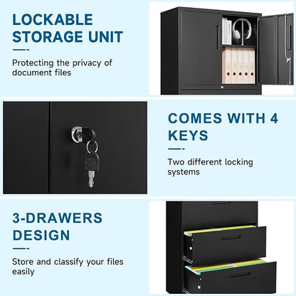 PEUKC 3-Drawer Metal File Cabinet, Lateral Vertical Filing Cabinets for Home Office, Locking File Cabinets with Storage Shelves, Legal/Letter/A4 Size Office File Cabinet (Black, Assemble Required)