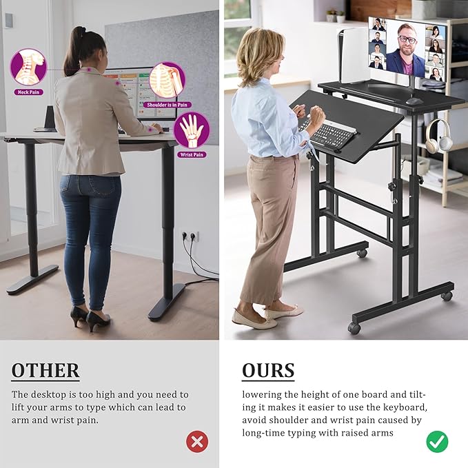 Enayplon Small Standing Desk with Wheels, Mobile Stand Up Desk, Portable Standing Table on Wheels for Walking Pad, Rolling Computer Desk Adjustable Height, Tall Table