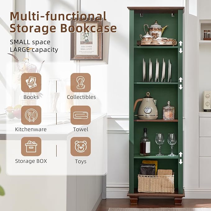 SAVOR LIFE 70" Tall Narrow Book Shelf, Wood Skinny Bookshelf with Adjustable Shelves & Wooden Legs, Farmhouse Bookcase w/5-Tier Storage, Free Standing Bookshlves for Office, Living Room, Green, 2PCS