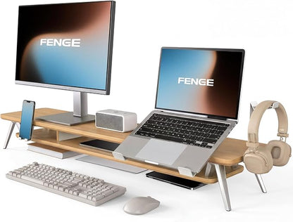Fenge Dual Monitor Stand, Monitor Riser for 2 Monitors with Adjustable Laptop Riser , 42.5 Inch Desk Shelf for Top of Desk with Phone Holder& Headphone Stand