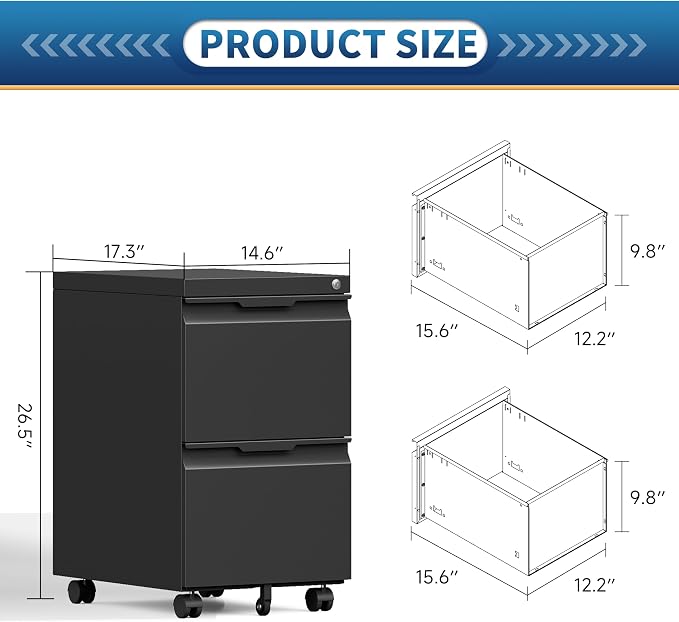 2 Drawer File Cabinet with Lock,Under Desk Storage Metal Filing Cabinet for Legal/Letter/A4 File,Mobile Rolling for Home Office -Black