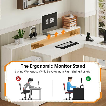 YOMILUVE 63" Farmhouse L Shaped Executive Desk with Drawers & Storage Shelf, Corner Computer Desk with Power Outlets, L Shaped Office Desk with Monitor Stand, Printer Shelf, White