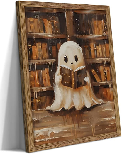 Framed Vintage Library Ghost Wall Art - Halloween Picture Decor, Cute Ghost Reading Books Canvas Print, Halloween Wall Decor for Living Room Bedroom Home Office, 12x16in Wood Frame