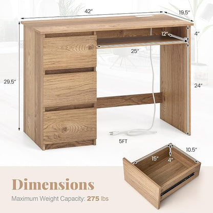 Giantex Computer Desk with Drawers, Modern Home Office Desk with Charging Station & Keyboard Tray, Laptop PC Computer Workstation, Study Writing Desk for Bedroom (Natural)