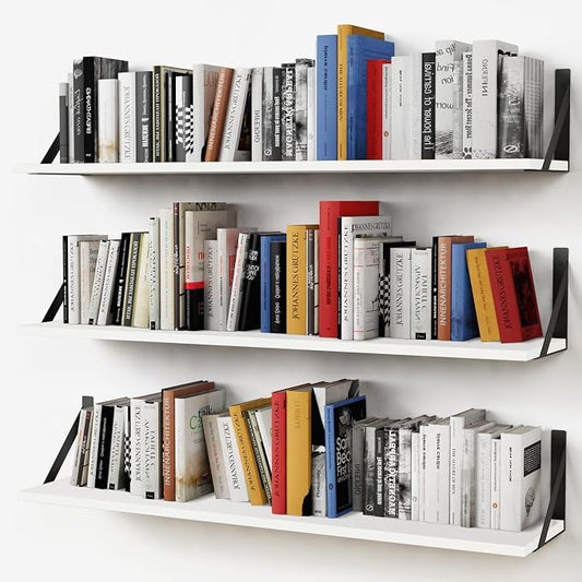 Forbena White Floating Book Shelves for Wall, 36 Inches Long Wall Shelves with Metal Brackets for Bedroom, Large Floating Bookshelf Bookshelves for Living Room Office Classroom (White Wood)