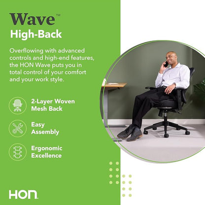 HON Wave High Back Ergonomic Mesh Office Chair with Adjustable Arms, Synchro‑Tilt Recline and Swivel Wheels, Desk and Computer Chair for Home Office or Workstation, Black