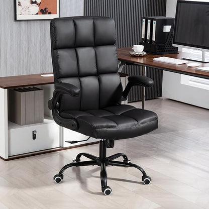 ECOTOUGE Executive Office Chair, PU Leather Ergonomic Comfy Desk Chair, High Back Computer Chair with Adjustable Tilt Angle and Flip-up Arms (Without Footrest Black)
