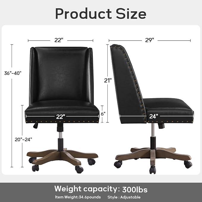 Zihanhome Armless Home Office Chair with Wooden Legs, Modern Leather Upholstered Office Desk Chair No Arms Sewing Chair Adjustable Swivel Desk Chair for Farmhouse Office Study Studio (Black)