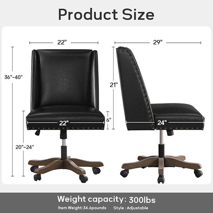 Zihanhome Armless Home Office Chair with Wooden Legs, Modern Leather Upholstered Office Desk Chair No Arms Sewing Chair Adjustable Swivel Desk Chair for Farmhouse Office Study Studio (Black)